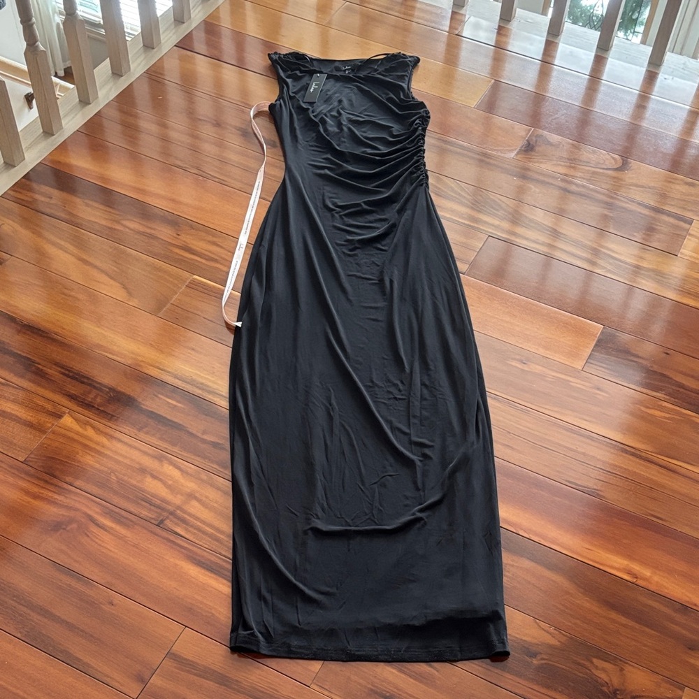 Lulu's Elegant Black Gathered Midi Dress